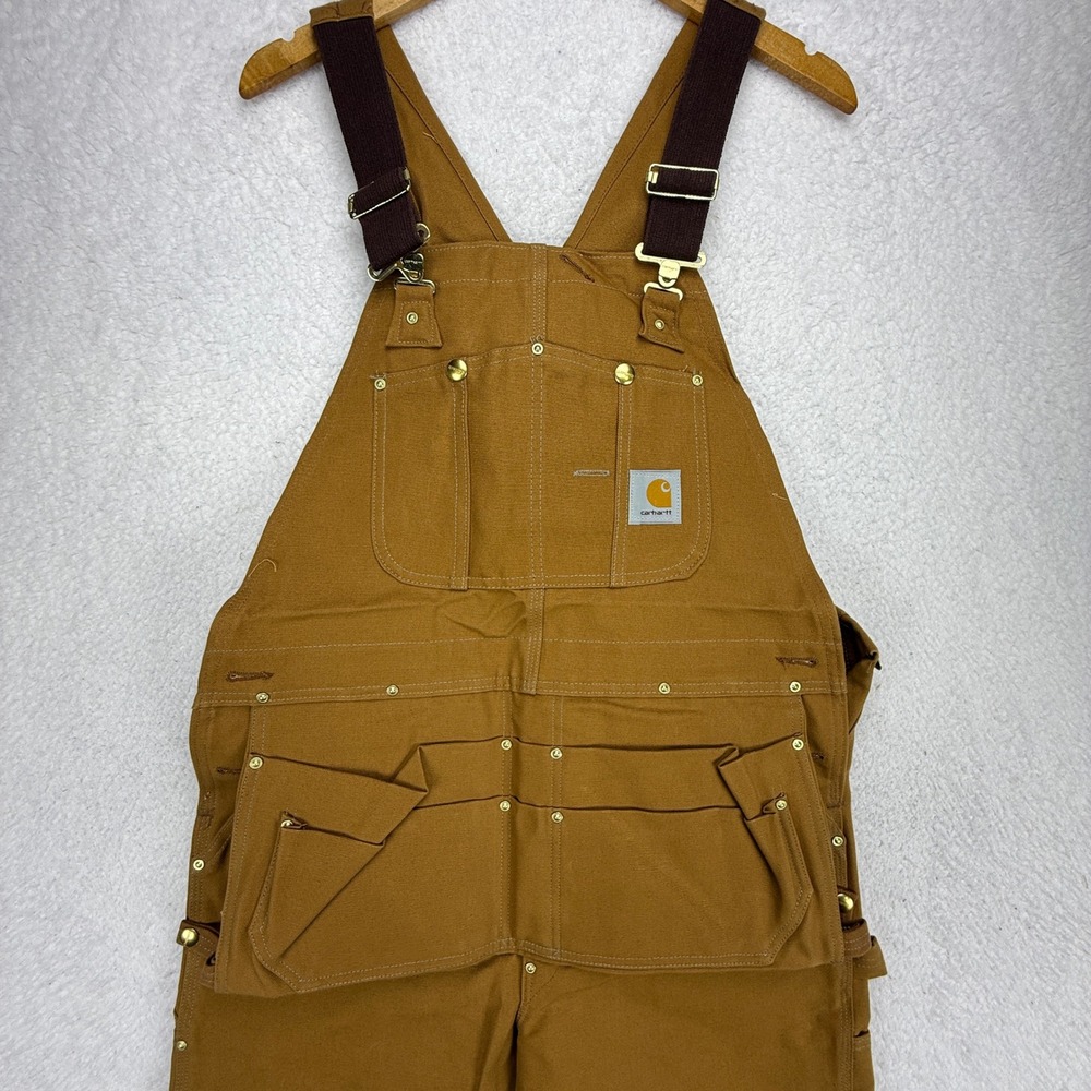 Carhartt Double Knee Carpenter Bib Overalls Nail Apron Mens 36x32 R28‎ Brown NWT